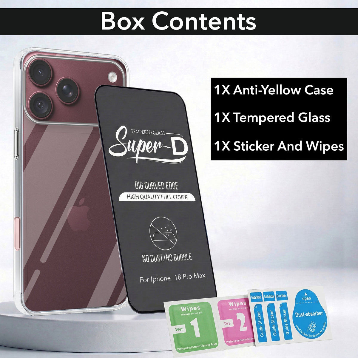 For Apple iPhone 18 Pro Max Combo with Back Cover and 9H Tempered Glass (Lifetime Anti-Yellow | Sleek Hard Crystal | Oleophobic Coating Screen Glass)