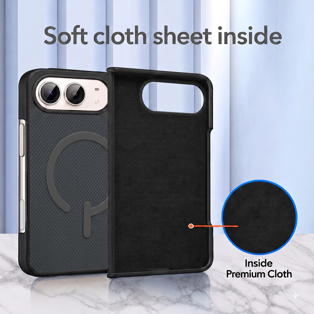 For Apple iPhone Duo Premium Magnetic Back Cover Case (MagSafe Compatible | 180° Folding Design | Soft Microfiber Inner Lining | Textured Blue Finish)