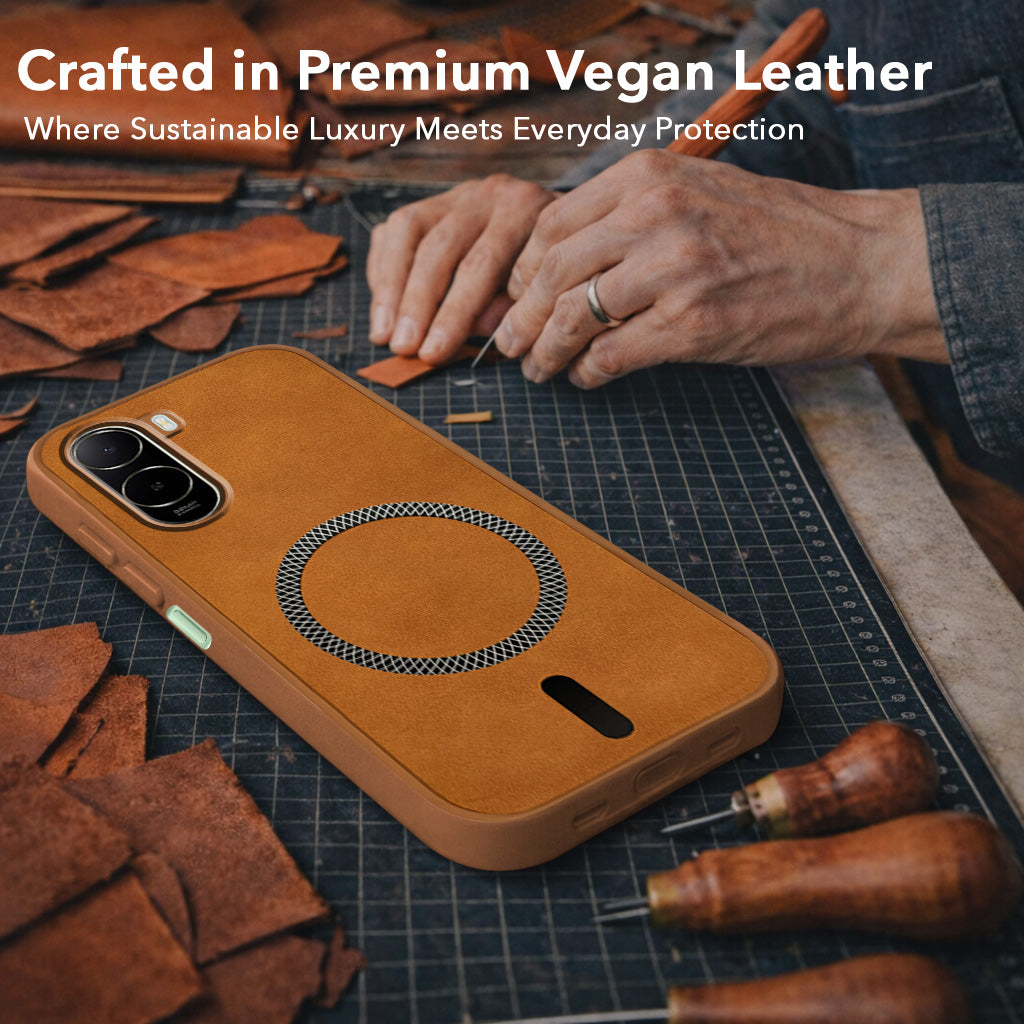 For Poco C81 Back Cover Case Leather Finish (MagSafe Compatible Wireless Charging | Soft Touch | Camera Bump Protection)