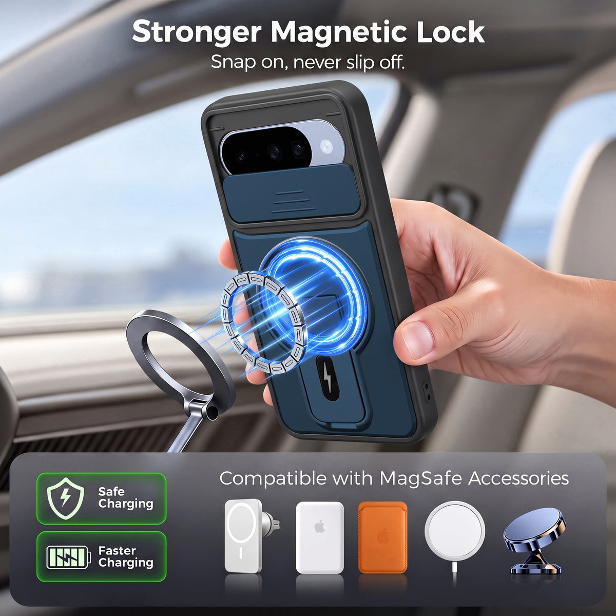 For Google Pixel 10 Back Case Cover Metallic (Hybrid Armor Kickstand | Sliding Shutter Camera Protection | MagSafe Compatible)
