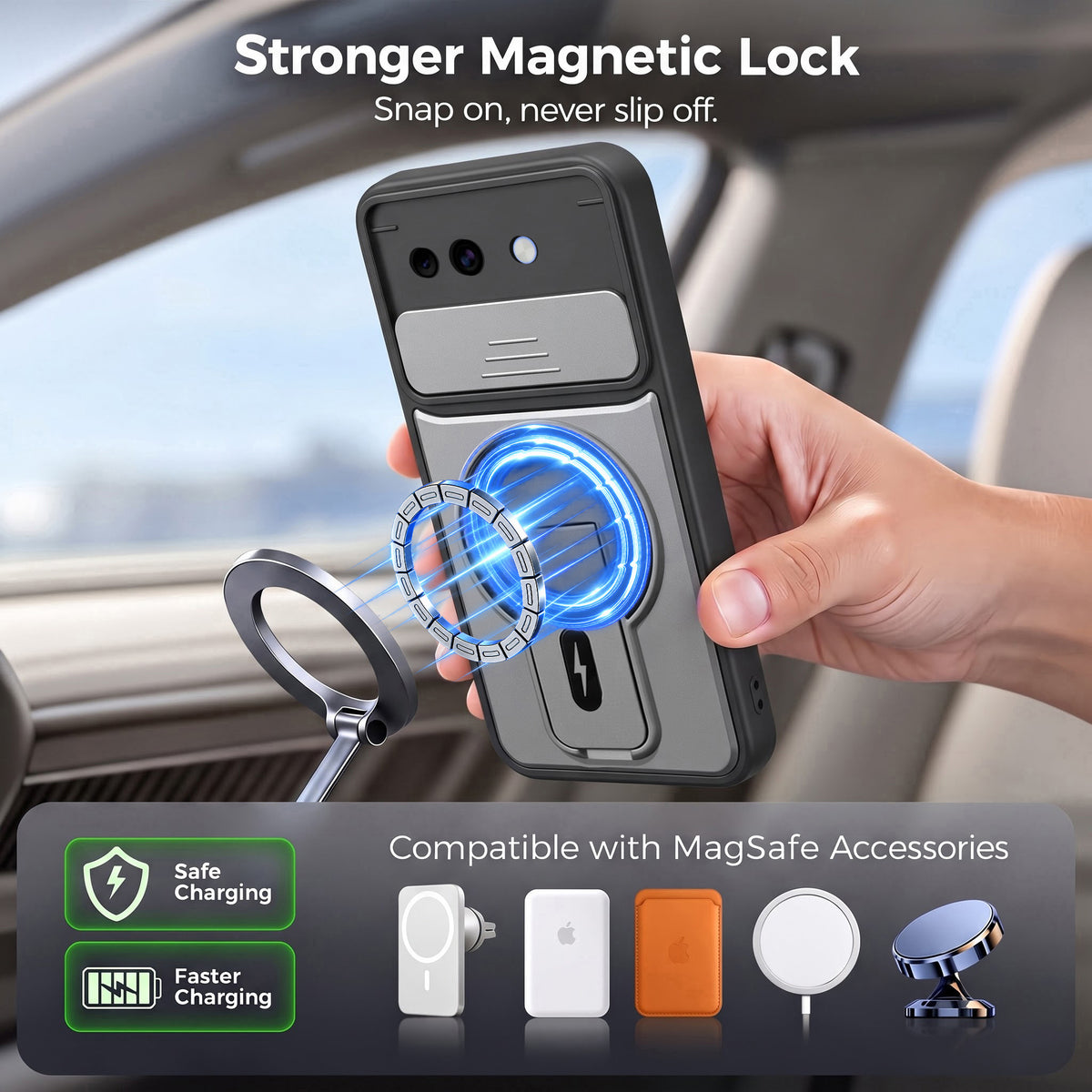 For Google Pixel 10a Back Case Cover Metallic (Hybrid Armor Kickstand | Sliding Shutter Camera Protection | MagSafe Compatible)