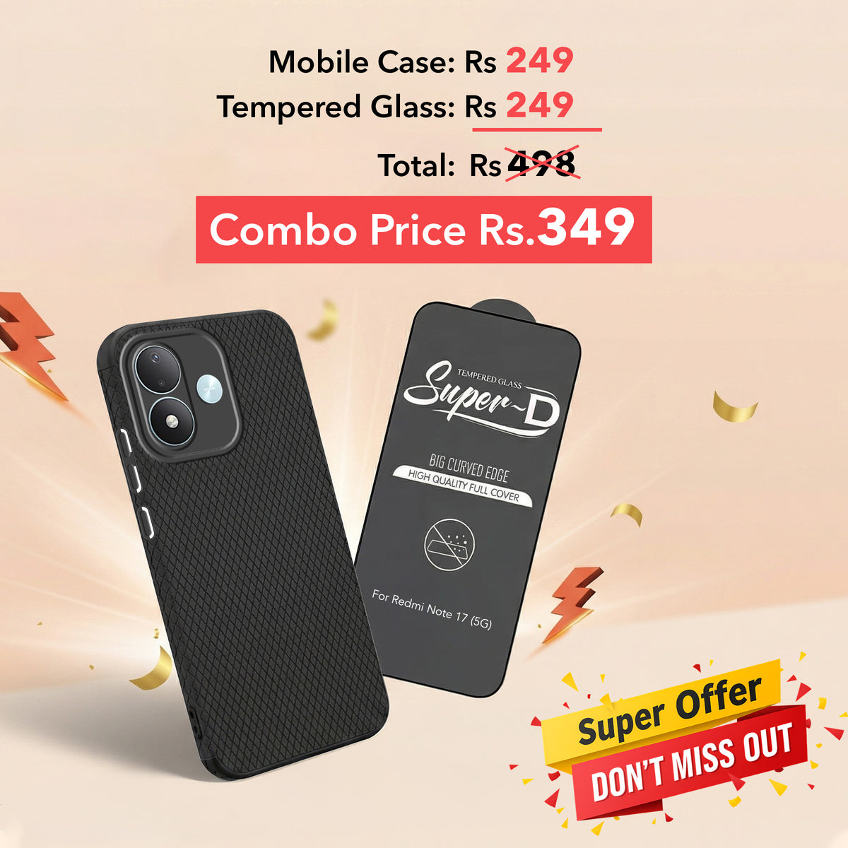 For Redmi Note 17 5G Combo with Back Cover and 9H Tempered Glass (Liquid Silicone | Camera Protection | Oleophobic Coating Screen Glass)