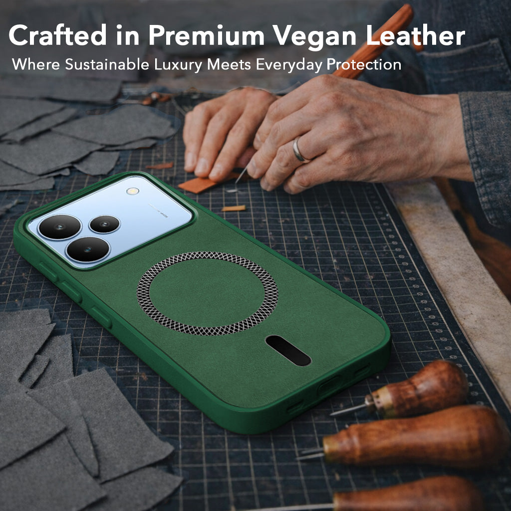 For Realme P4 Back Cover Case Leather Finish (MagSafe Compatible Wireless Charging | Soft Touch | Camera Bump Protection)