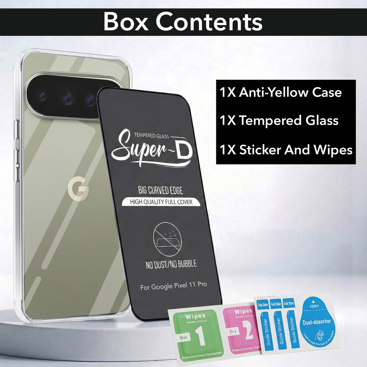 For Google Pixel 11 Pro Combo with Back Cover and 9H Tempered Glass (Lifetime Anti-Yellow | Sleek Hard Crystal | Oleophobic Coating Screen Glass)
