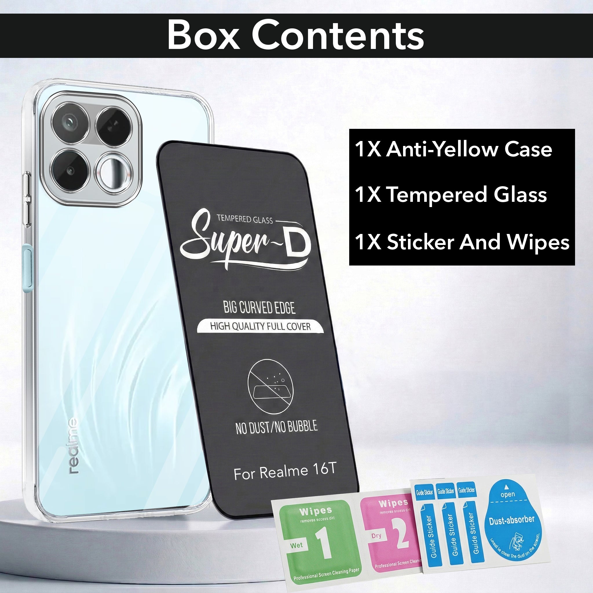 For Realme 16T 5G Combo with Back Cover and 9H Tempered Glass (Lifetime Anti-Yellow | Sleek Hard Crystal | Oleophobic Coating Screen Glass)