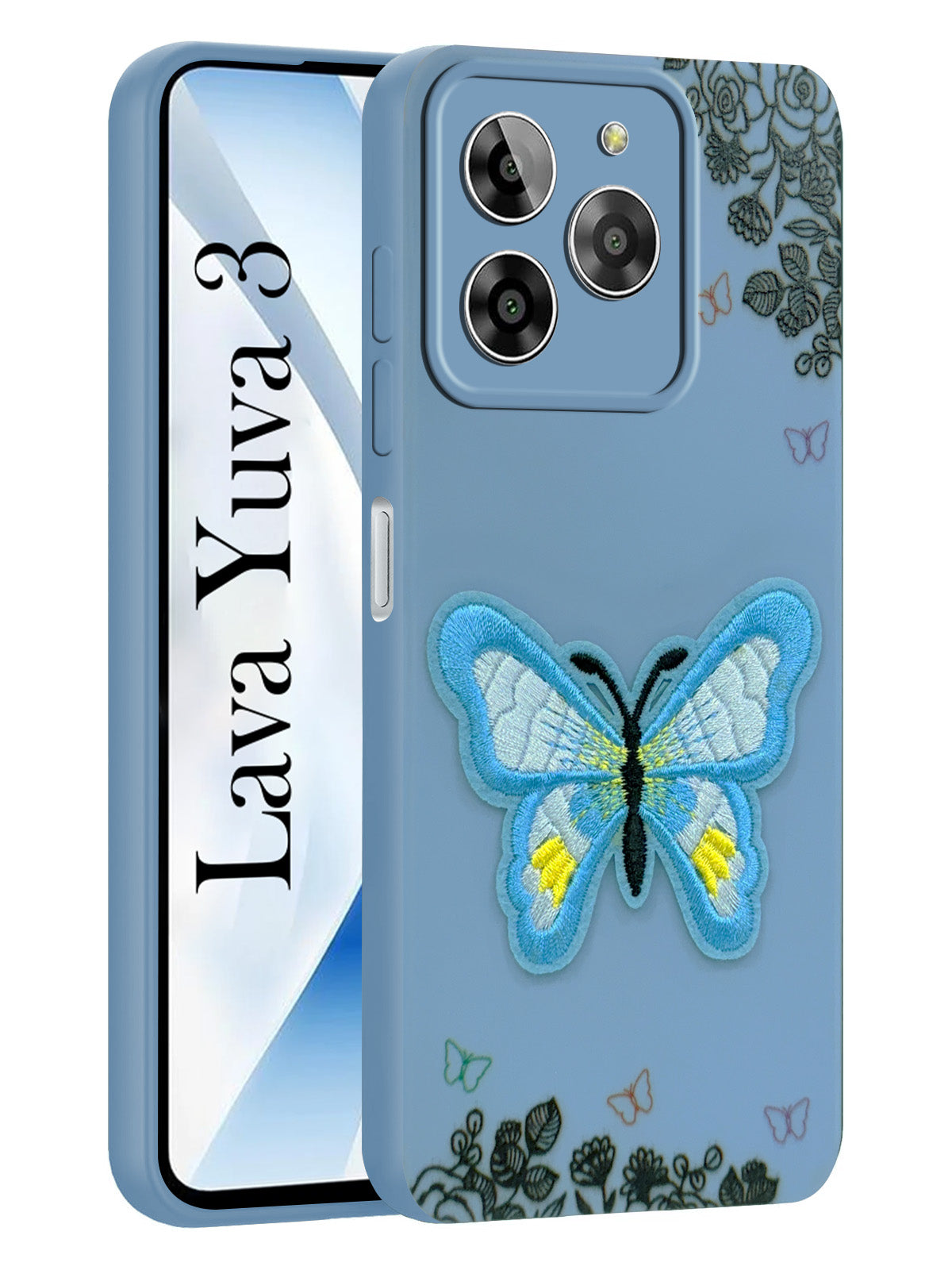For Lava Yuva 3 Back Cover Case (Soft Butterfly Embroidery | Women Teen Girls | Camera Protection| Matte Silicone)