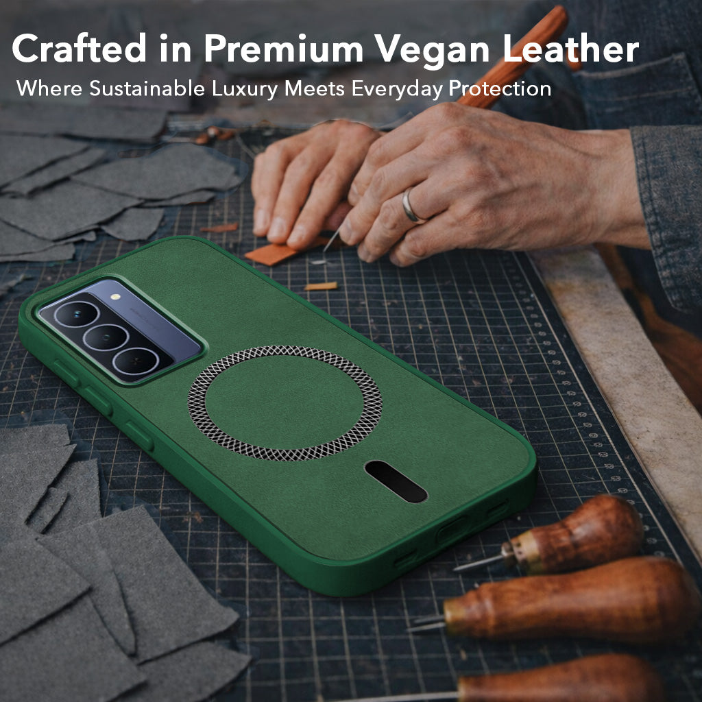 For Realme Narzo 80x Back Cover Case Leather Finish (MagSafe Compatible Wireless Charging | Soft Touch | Camera Bump Protection)