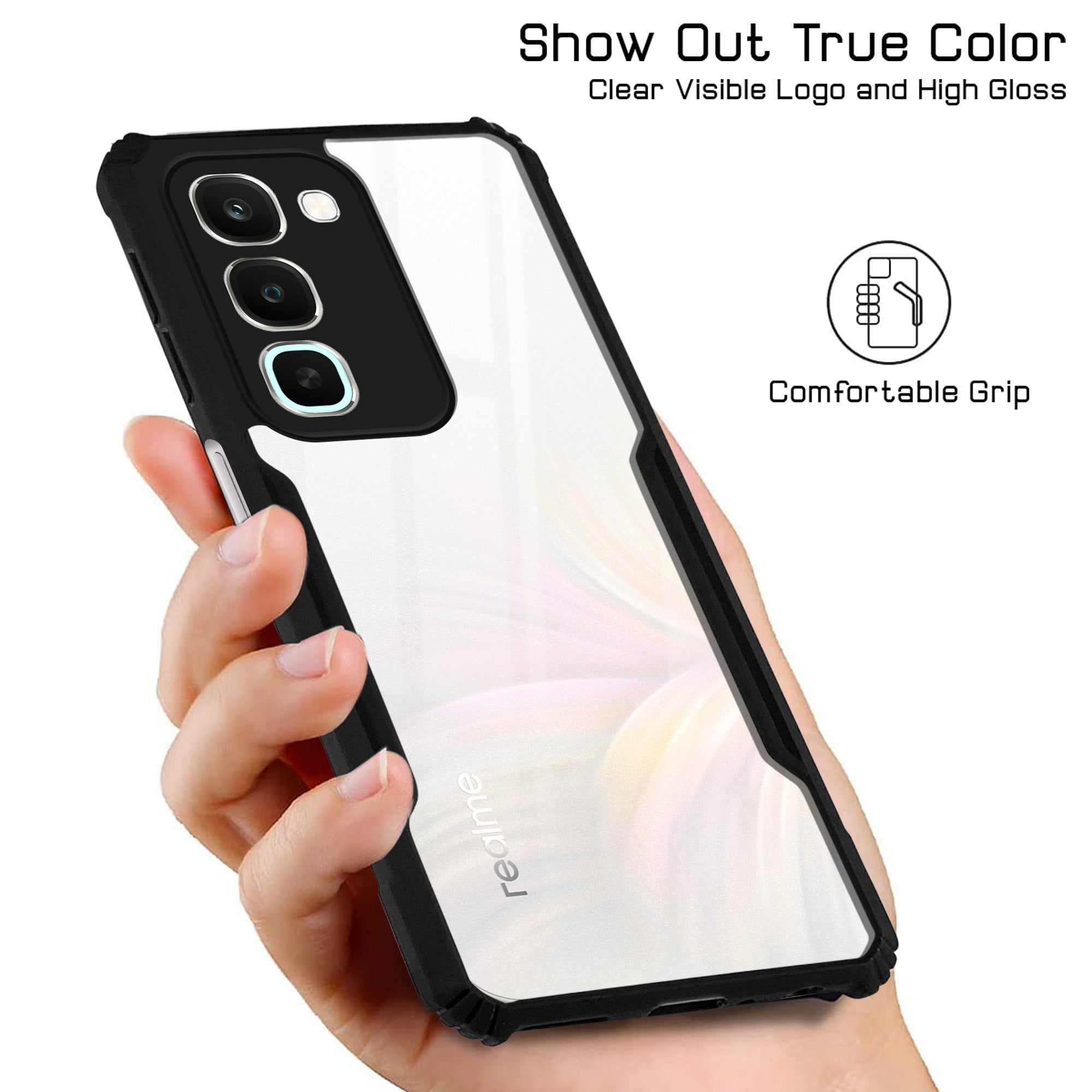 For Realme 16x Back Cover Case Hybrid (Shockproof with Polycarbonate Clear Panel | Professional Black)