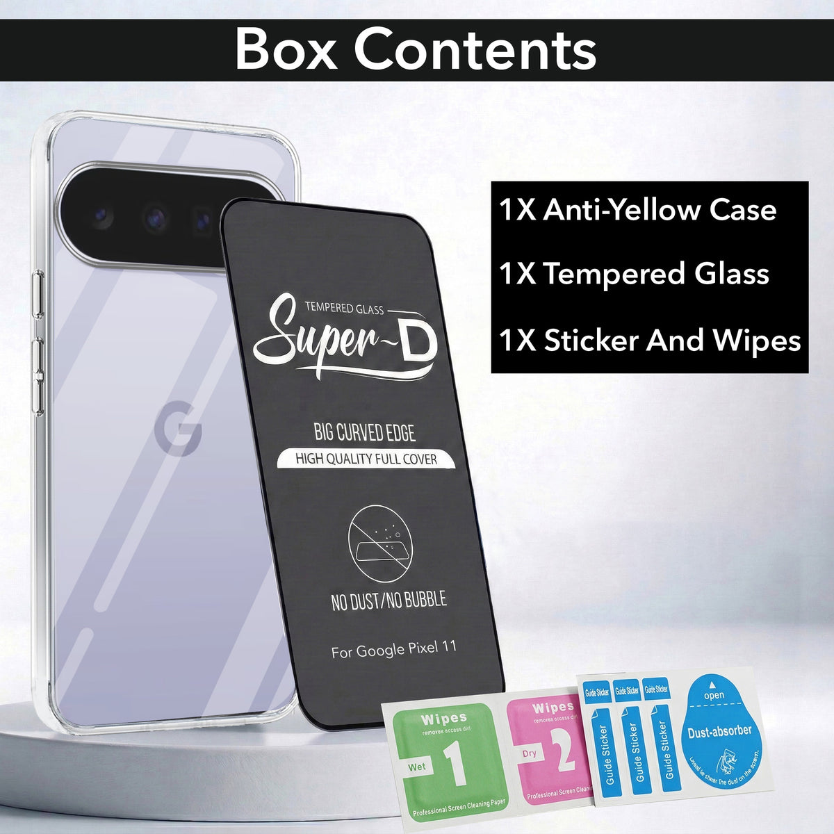 For Google Pixel 11 Combo with Back Cover and 9H Tempered Glass (Lifetime Anti-Yellow | Sleek Hard Crystal | Oleophobic Coating Screen Glass)