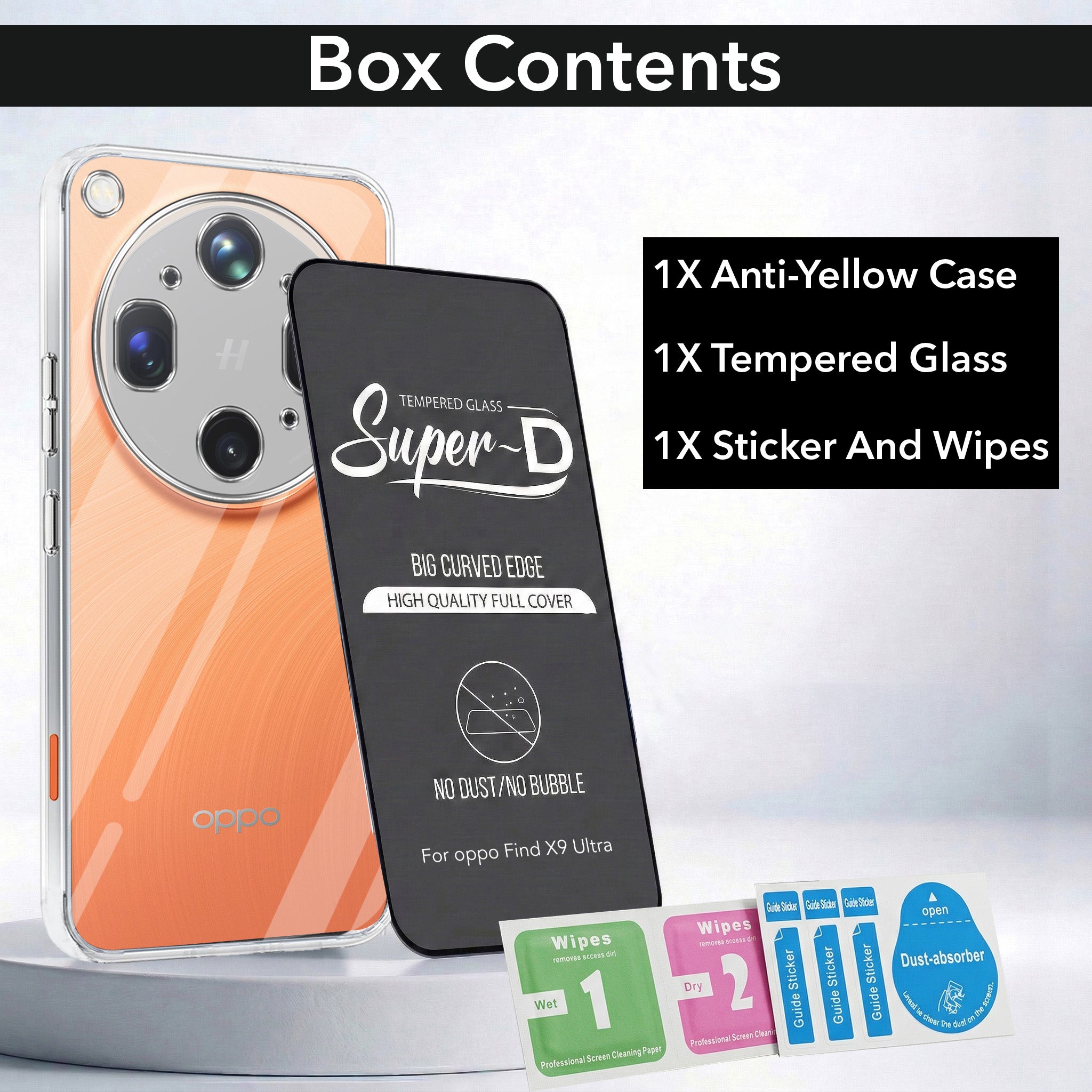 For Oppo Find X9 Ultra Combo with Back Cover and 9H Tempered Glass (Lifetime Anti-Yellow | Sleek Hard Crystal | Oleophobic Coating Screen Glass)