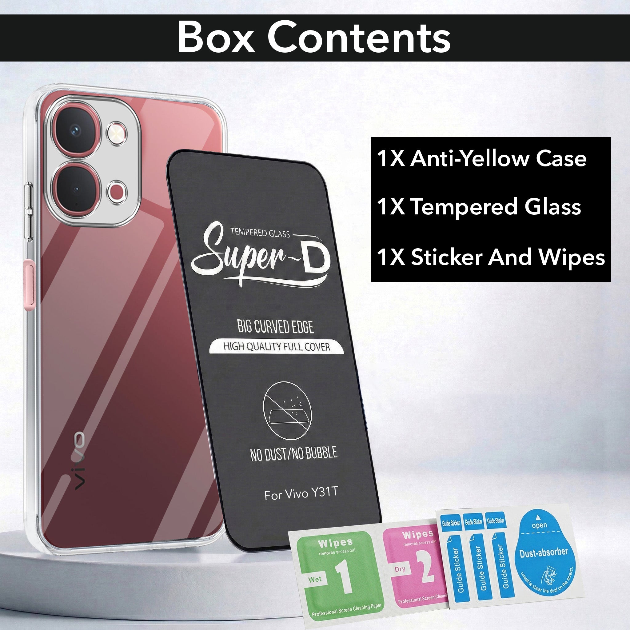 For Vivo Y31T 5G Combo with Back Cover and 9H Tempered Glass (Lifetime Anti-Yellow | Sleek Hard Crystal | Oleophobic Coating Screen Glass)