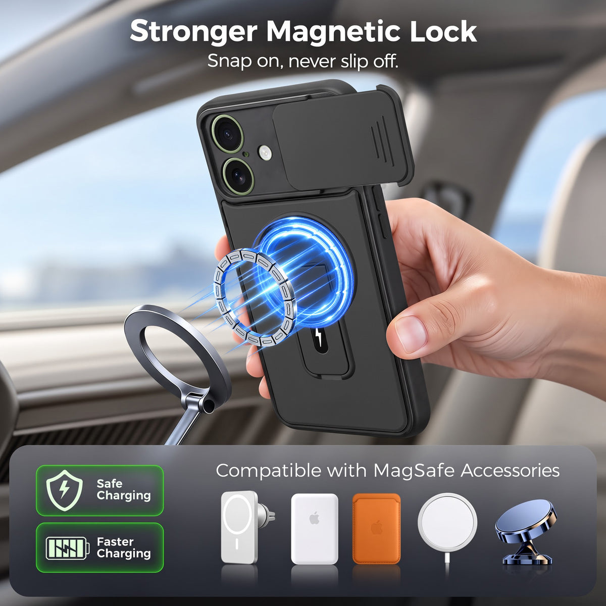 For Apple iPhone 16 Back Case Cover Metallic (Hybrid Armor Kickstand | Sliding Shutter Camera Protection | MagSafe Compatible)