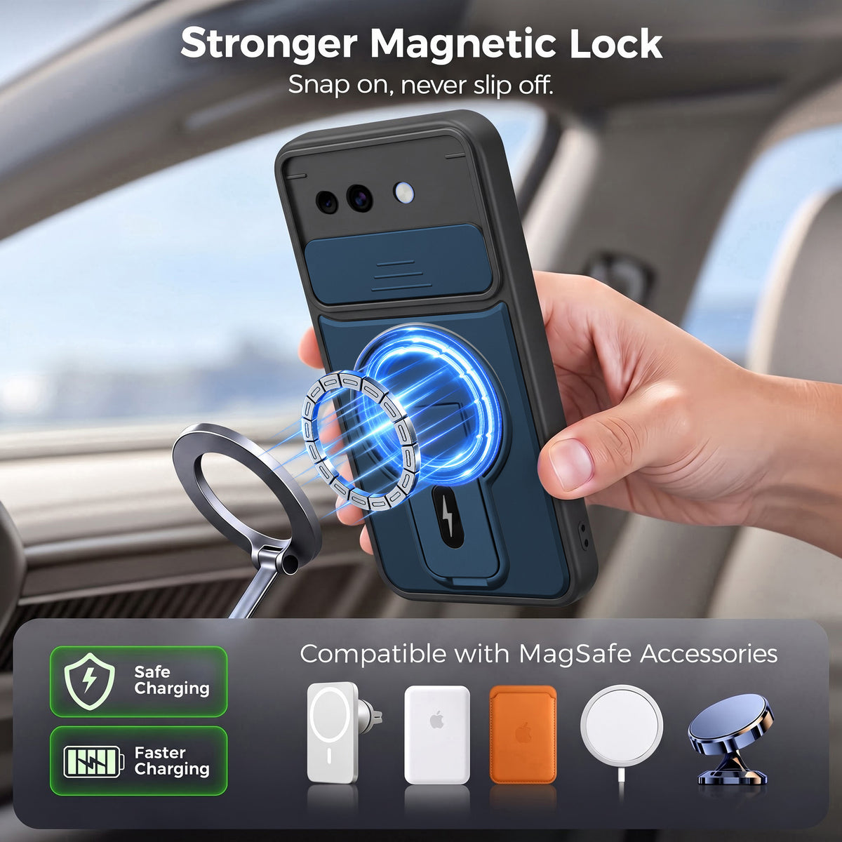 For Google Pixel 10a Back Case Cover Metallic (Hybrid Armor Kickstand | Sliding Shutter Camera Protection | MagSafe Compatible)