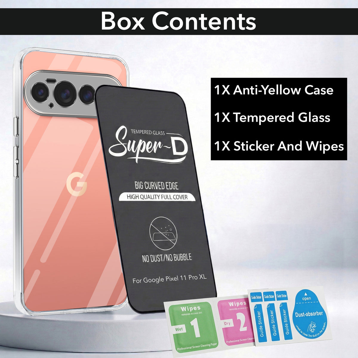 For Google Pixel 11 Pro XL Combo with Back Cover and 9H Tempered Glass (Lifetime Anti-Yellow | Sleek Hard Crystal | Oleophobic Coating Screen Glass)