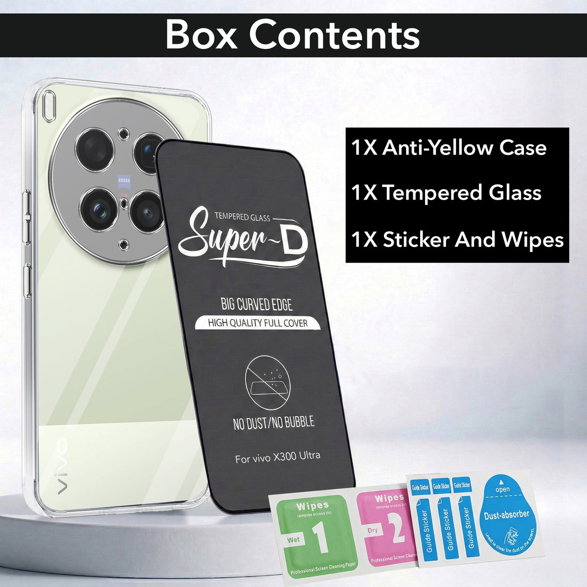 For Vivo X300 Ultra Combo with Back Cover and 9H Tempered Glass (Lifetime Anti-Yellow | Sleek Hard Crystal | Oleophobic Coating Screen Glass)