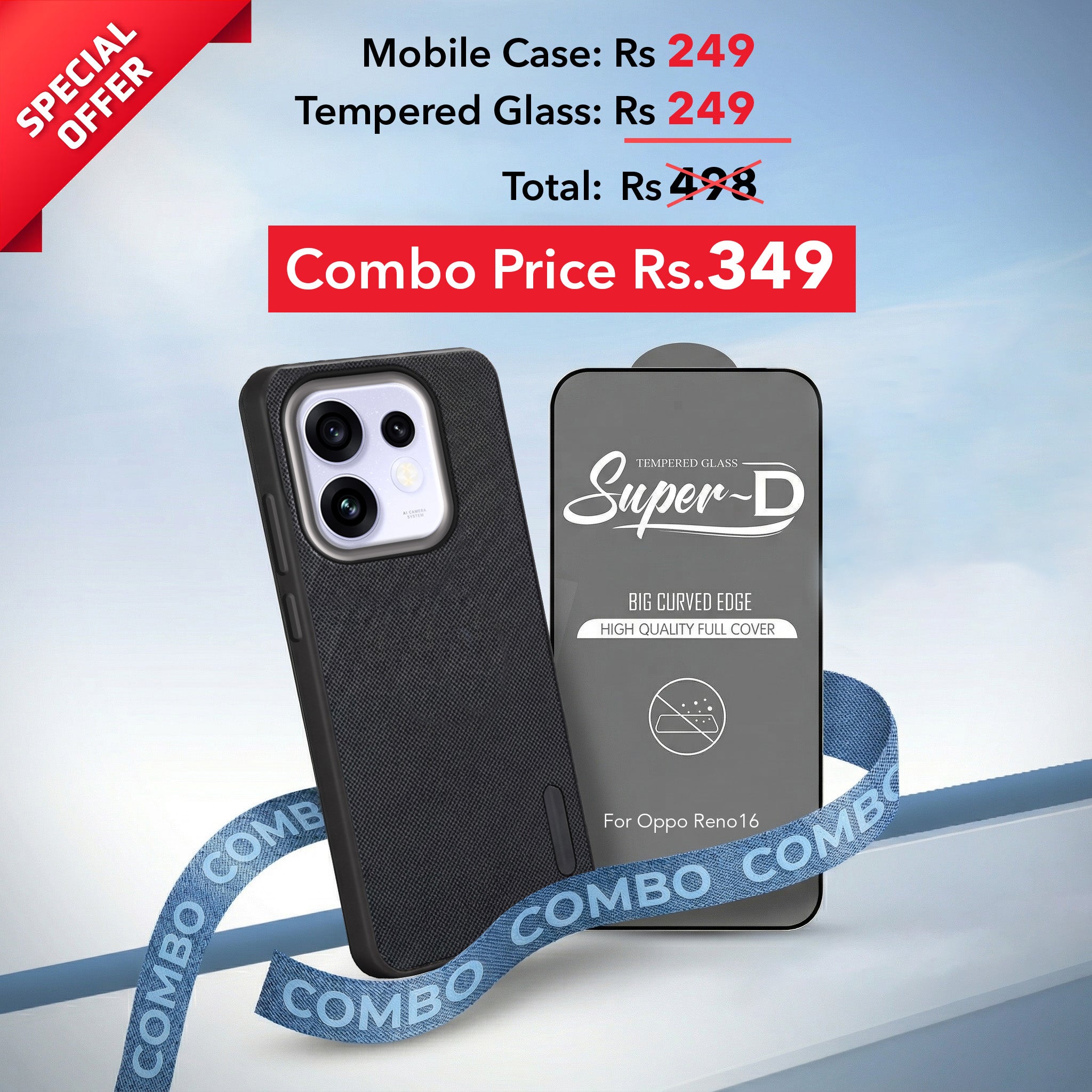 For Oppo Reno 16 Combo with Back Cover and 9H Tempered Glass (Textured Grip Design | Micro-Fiber Cloth Inside | Oleophobic Coating Screen Glass)