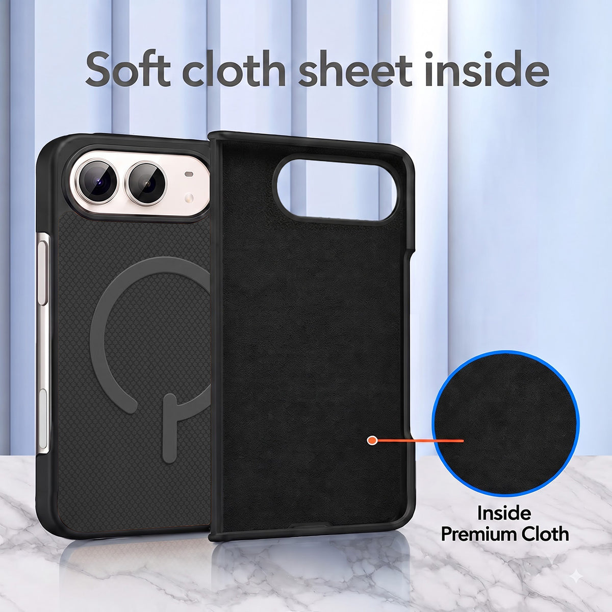 For Apple iPhone Duo Premium Magnetic Back Cover Case (MagSafe Compatible | 180° Folding Design | Soft Microfiber Inner Lining | Textured Blue Finish)