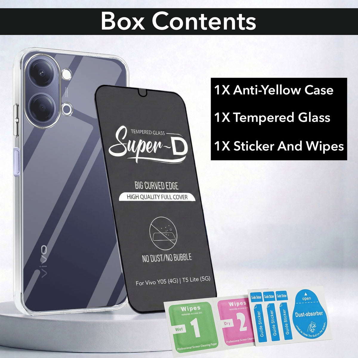 For Vivo Y05 (4G) | Vivo T5 Lite (5G)  Combo with Back Cover and 9H Tempered Glass (Lifetime Anti-Yellow | Sleek Hard Crystal | Oleophobic Coating Screen Glass)