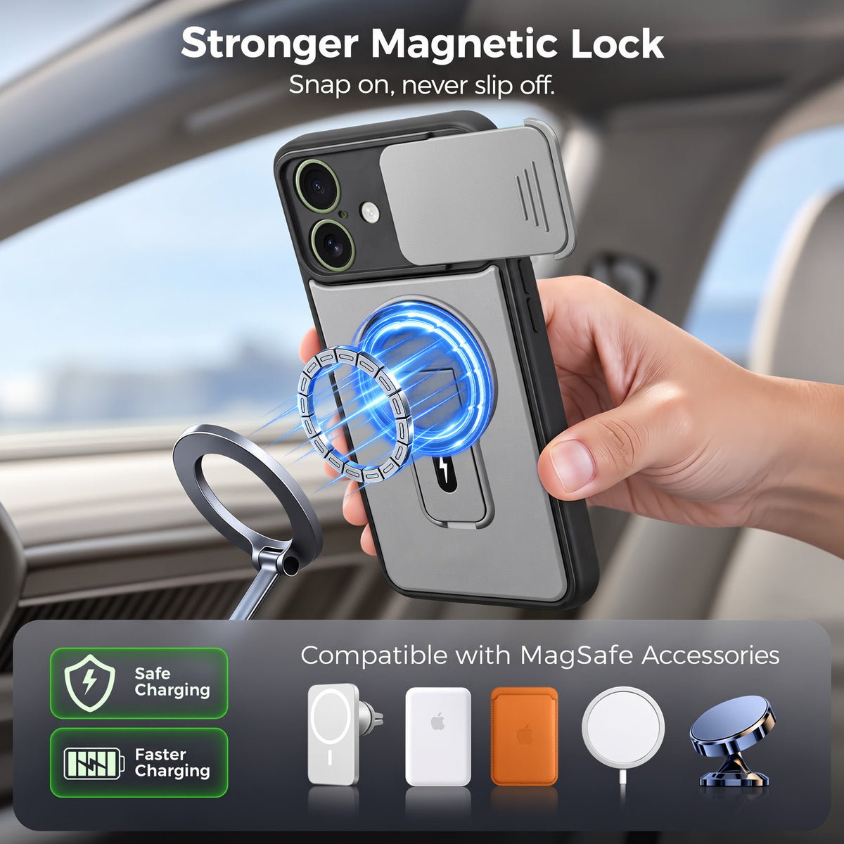 For Apple iPhone 16 Back Case Cover Metallic (Hybrid Armor Kickstand | Sliding Shutter Camera Protection | MagSafe Compatible)