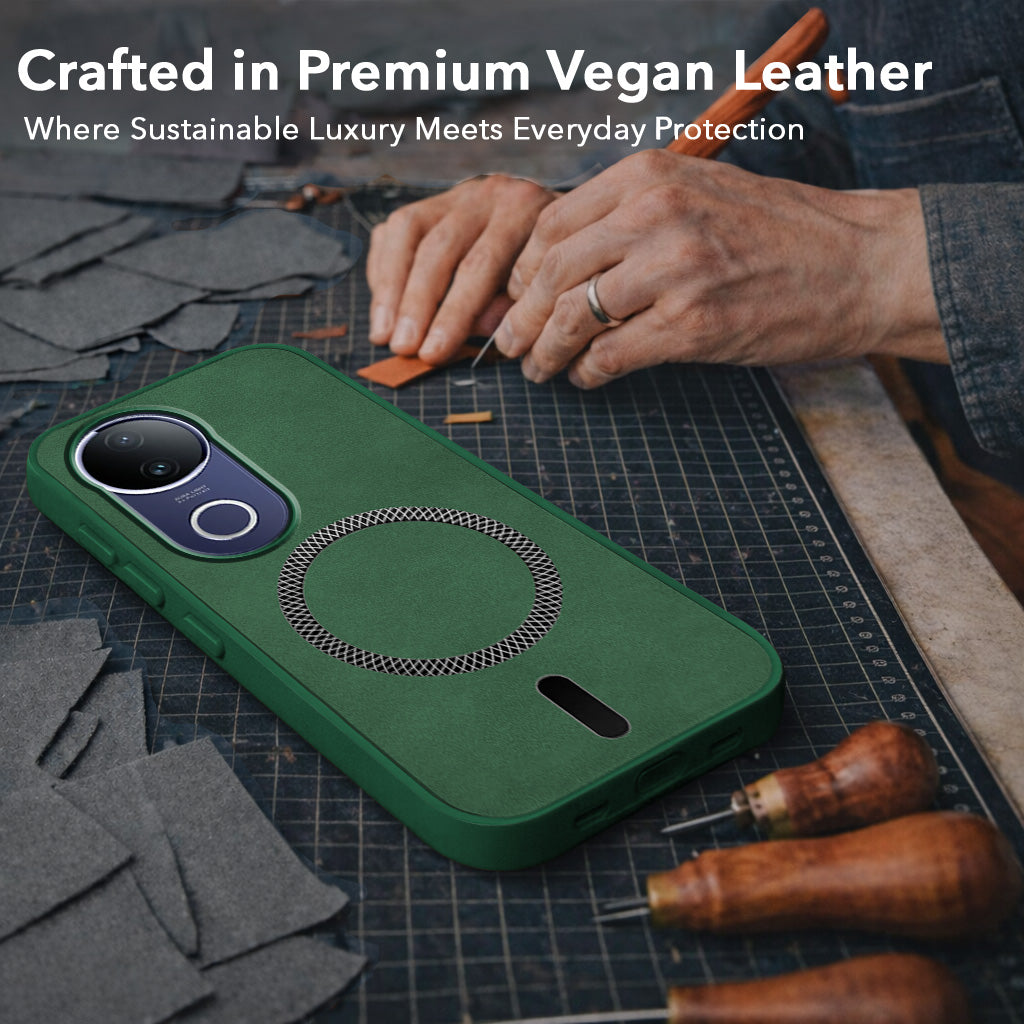 For Vivo T4R Back Cover Case Leather Finish (MagSafe Compatible Wireless Charging | Soft Touch | Camera Bump Protection)