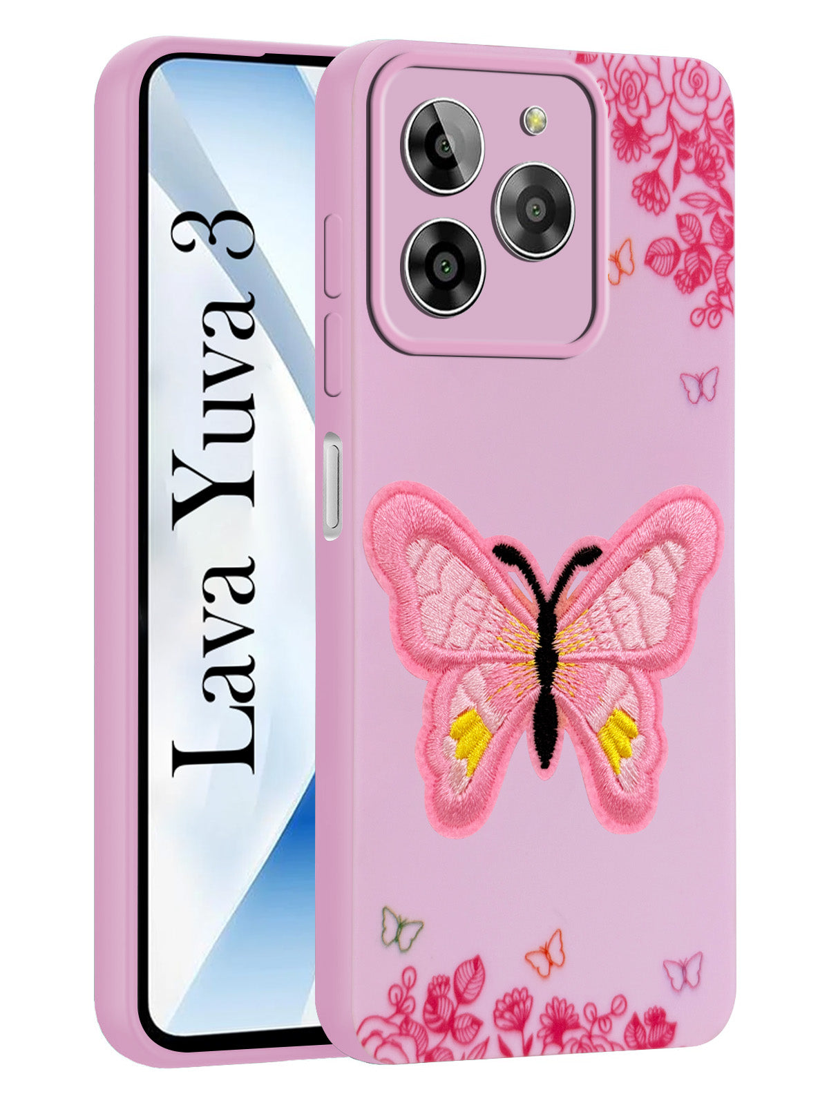 For Lava Yuva 3 Back Cover Case (Soft Butterfly Embroidery | Women Teen Girls | Camera Protection| Matte Silicone)