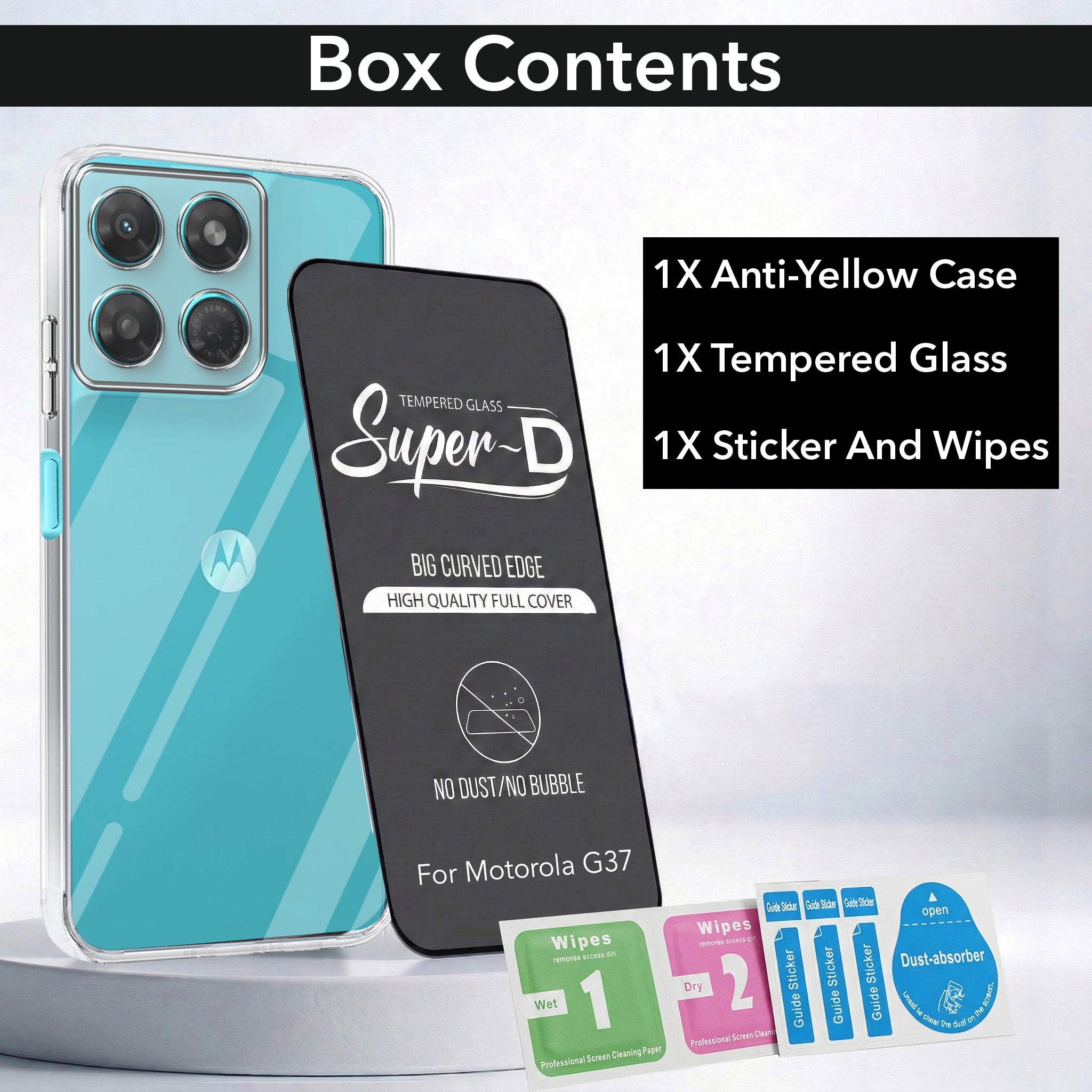 For Motorola Moto G37 Combo with Back Cover and 9H Tempered Glass (Lifetime Anti-Yellow | Sleek Hard Crystal | Oleophobic Coating Screen Glass)
