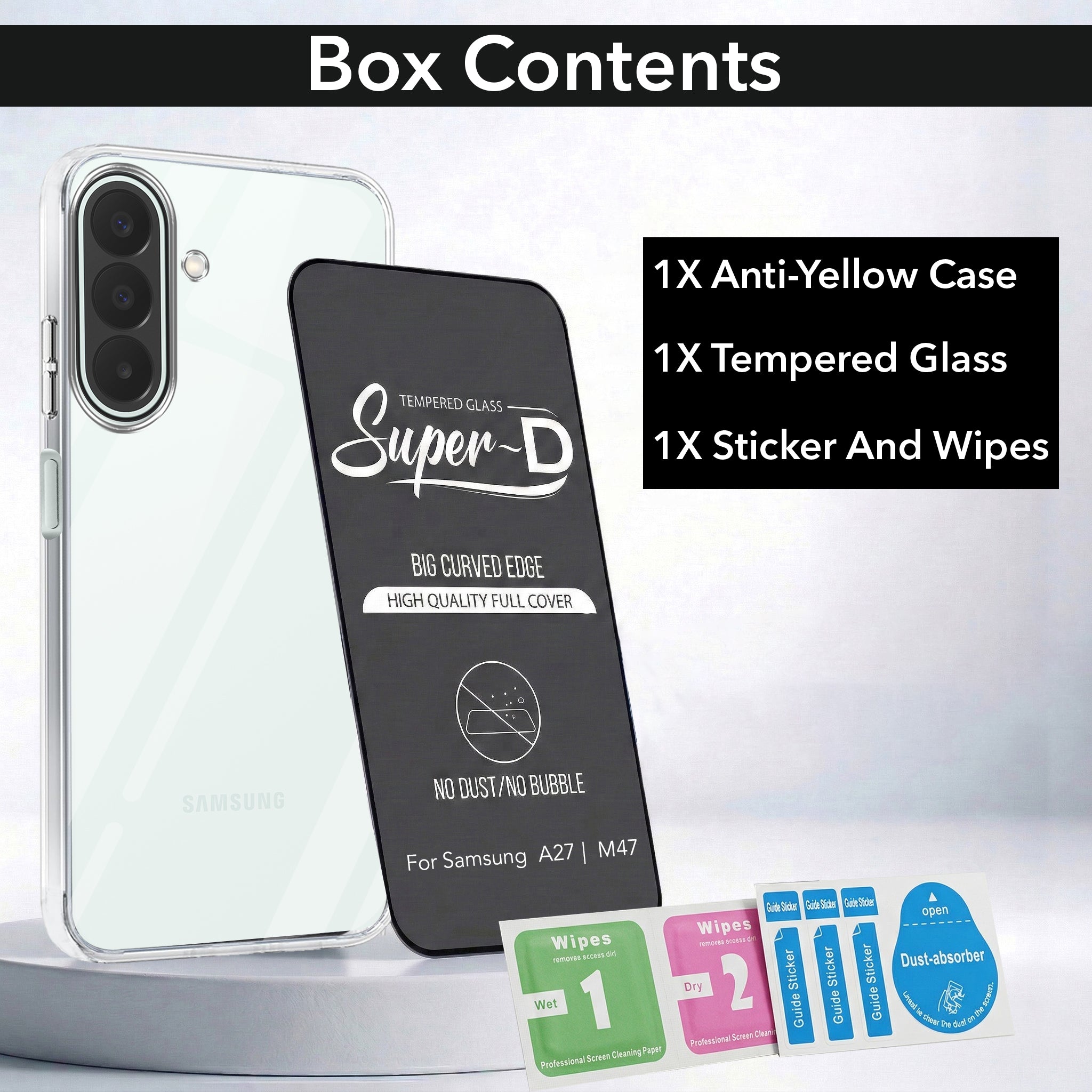 For Samsung A27 5G | Samsung M47 5G Combo with Back Cover and 9H Tempered Glass (Lifetime Anti-Yellow | Sleek Hard Crystal | Oleophobic Coating Screen Glass)