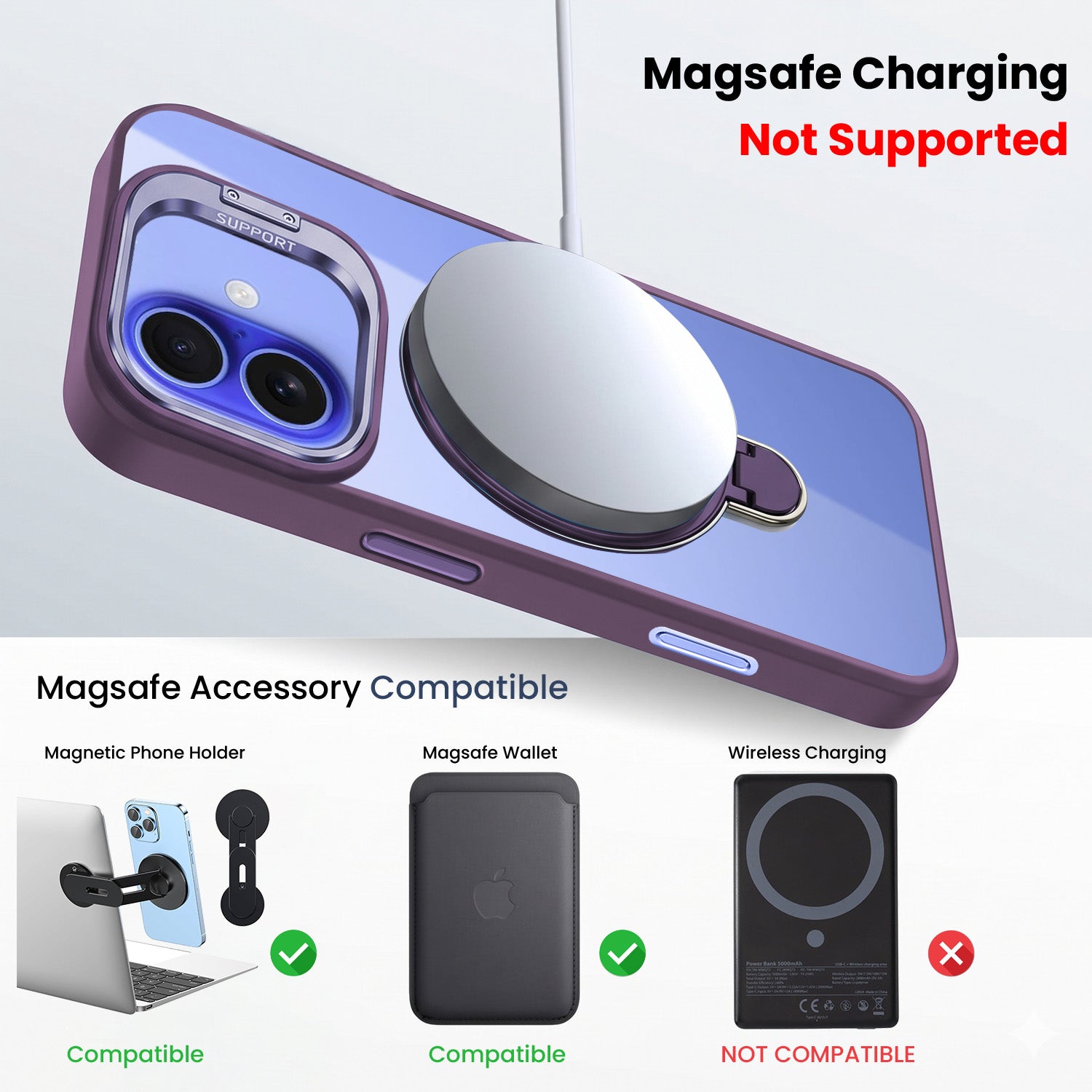 For Apple iPhone 16 Plus Back Cover Case Crystal (Lifetime Anti Yellow | Magnetic Ring Stand | Camera Lens Protection | MagSafe Compatible)
