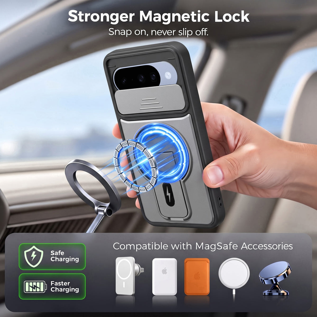 For Google Pixel 10 Back Case Cover Metallic (Hybrid Armor Kickstand | Sliding Shutter Camera Protection | MagSafe Compatible)