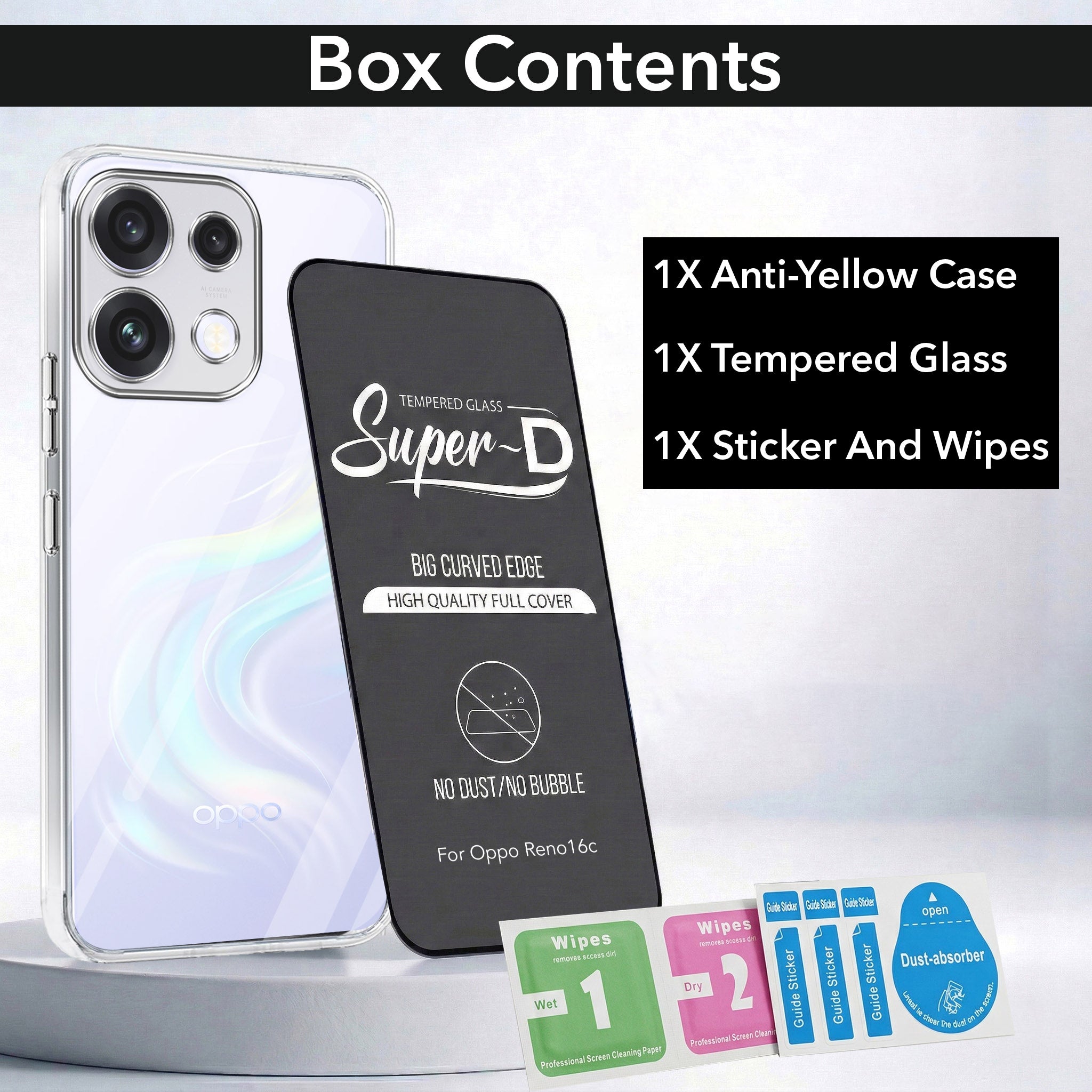 For Oppo Reno 16C 5G Combo with Back Cover and 9H Tempered Glass (Lifetime Anti-Yellow | Sleek Hard Crystal | Oleophobic Coating Screen Glass)