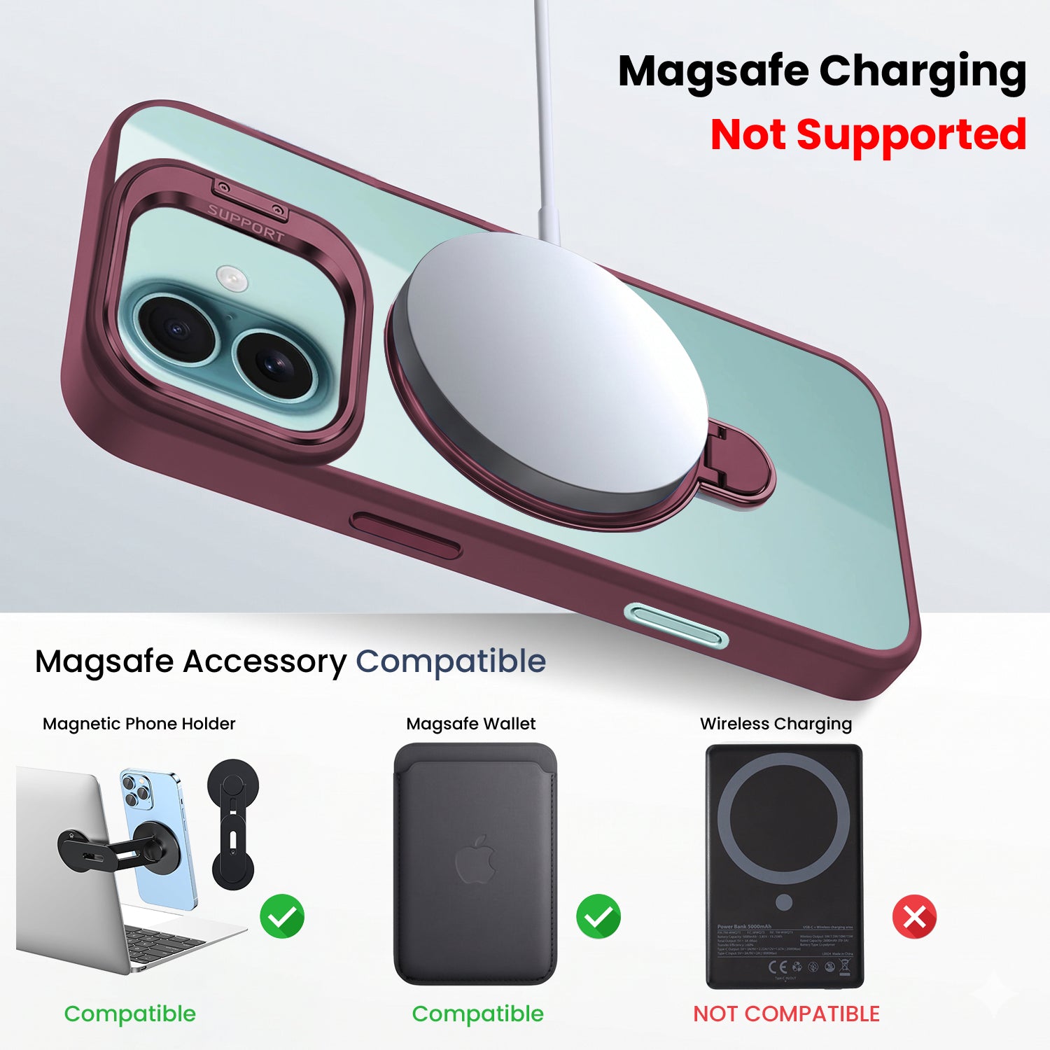 For Apple iPhone 16 Back Cover Case Crystal (Lifetime Anti Yellow | Magnetic Ring Stand | Camera Lens Protection | MagSafe Compatible)