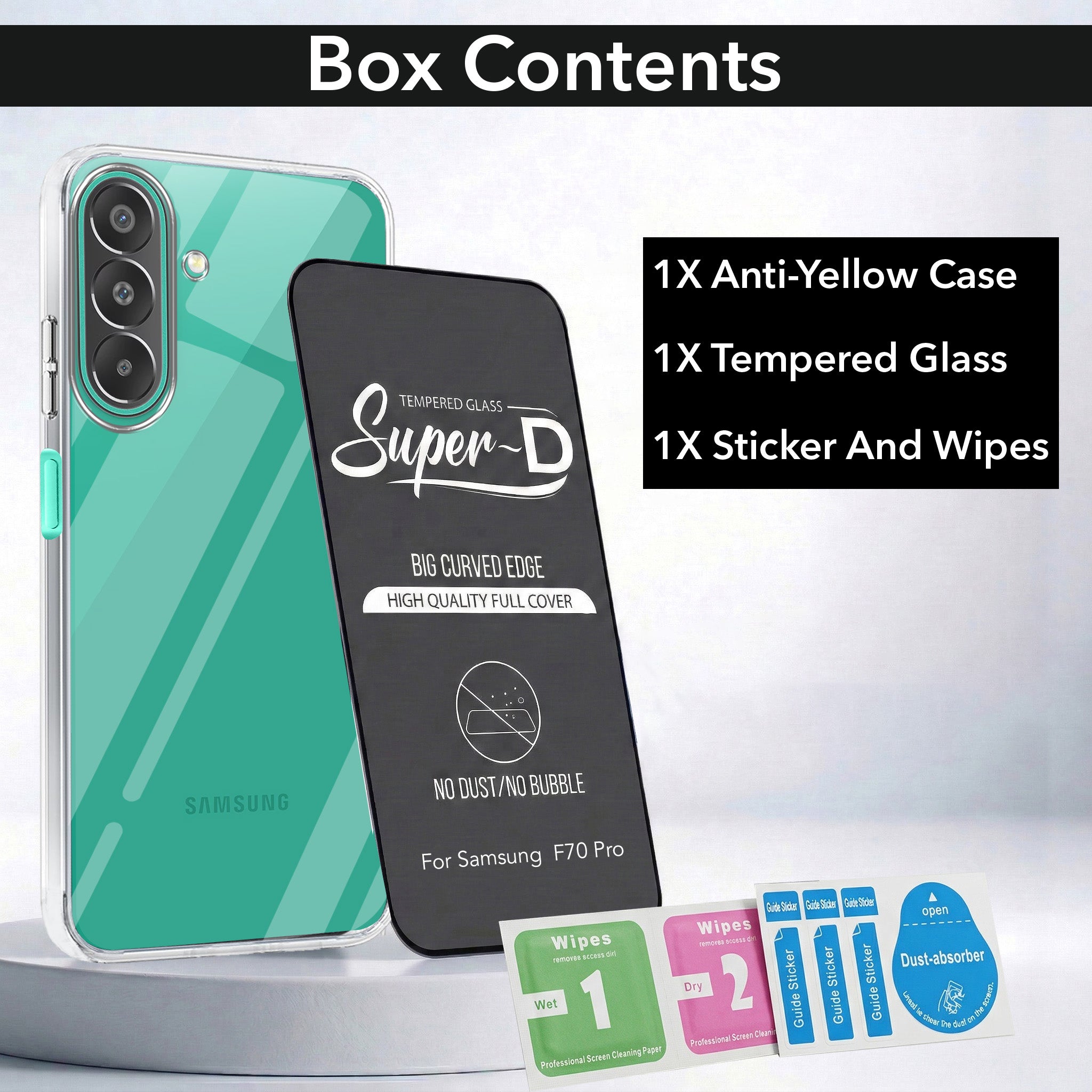 For Samsung Galaxy F70 Pro 5G Combo with Back Cover and 9H Tempered Glass (Lifetime Anti-Yellow | Sleek Hard Crystal | Oleophobic Coating Screen Glass)
