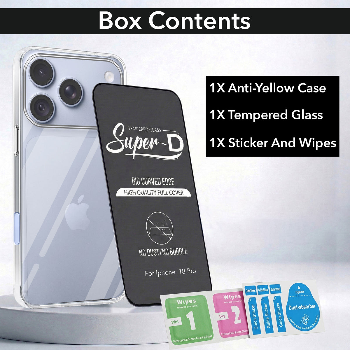 For Apple iPhone 18 Pro Combo with Back Cover and 9H Tempered Glass (Lifetime Anti-Yellow | Sleek Hard Crystal | Oleophobic Coating Screen Glass)