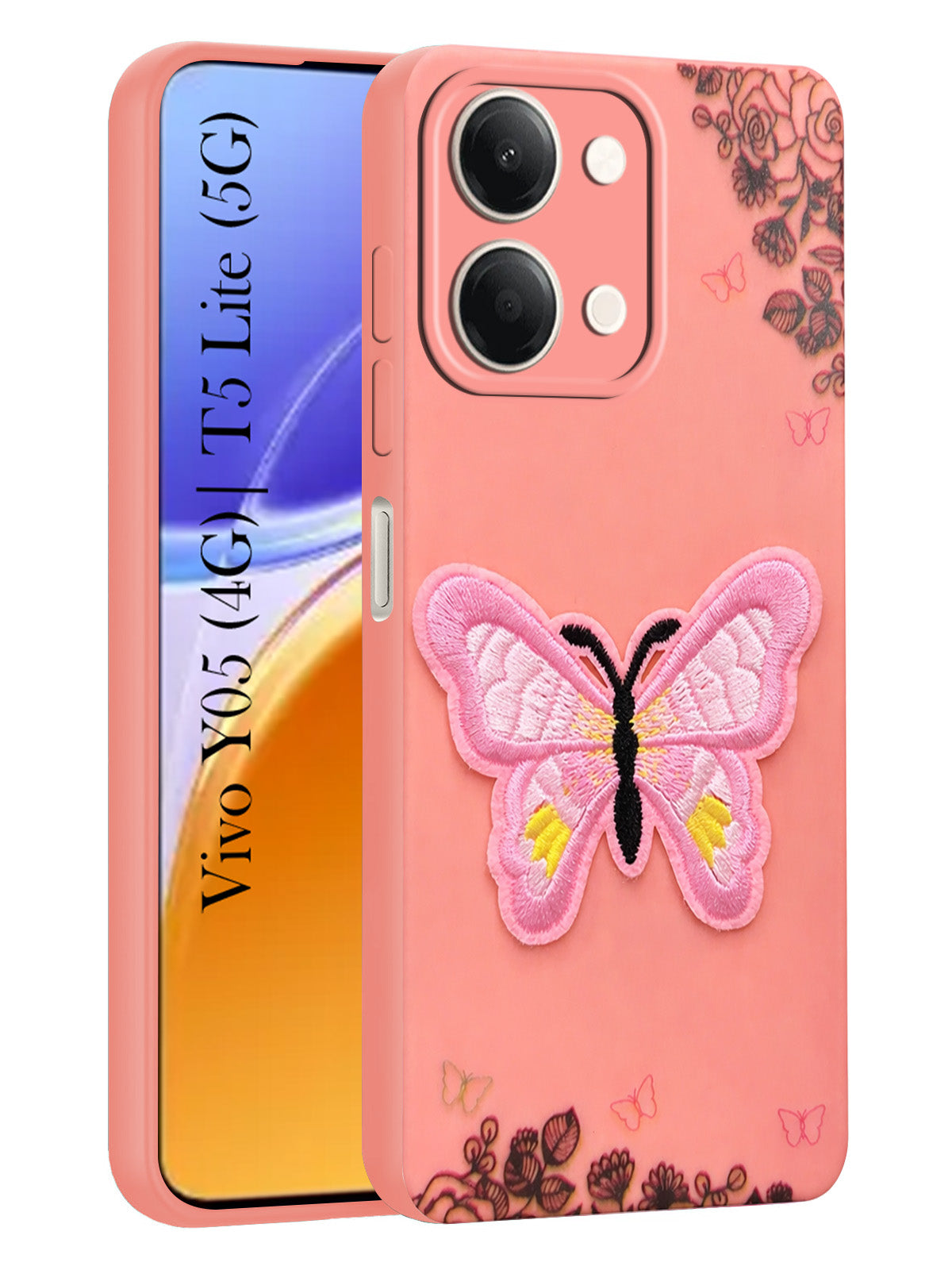 For Vivo Y05 (4G) | Vivo T5 Lite (5G) Back Cover Case (Soft Butterfly Embroidery | Women Teen Girls | Camera Protection| Matte Silicone)