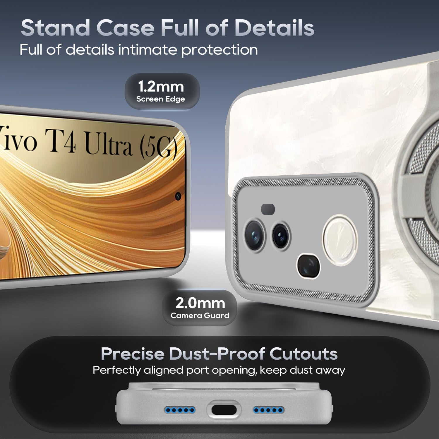 For Vivo T4 Ultra Back Cover Case with stand (Built-in Ring Holder Kickstand | Lifetime Anti Yellow | Camera Protection)