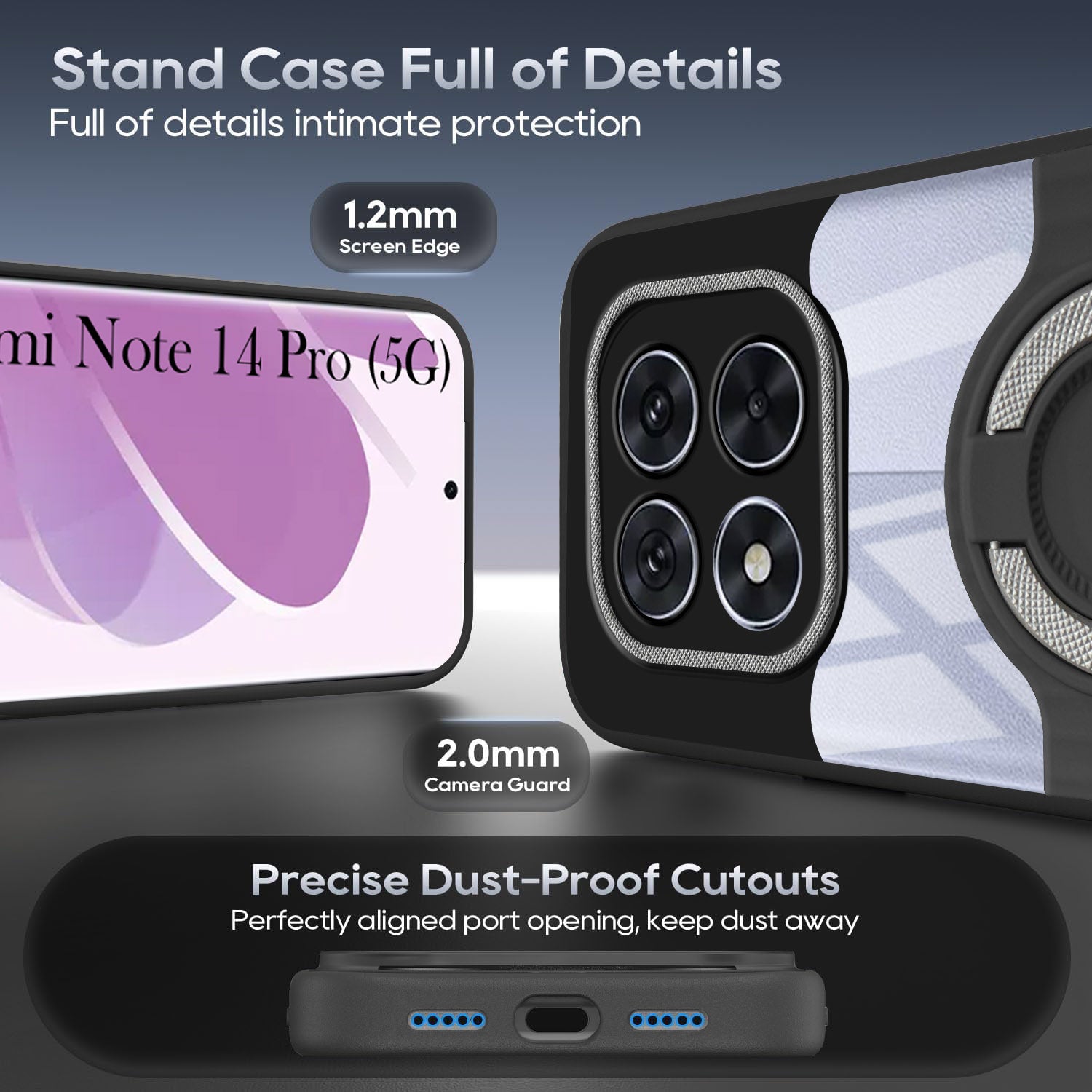 For Redmi Note 14 Pro Back Cover Case with stand (Built-in Ring Holder Kickstand | Lifetime Anti Yellow | Camera Protection)