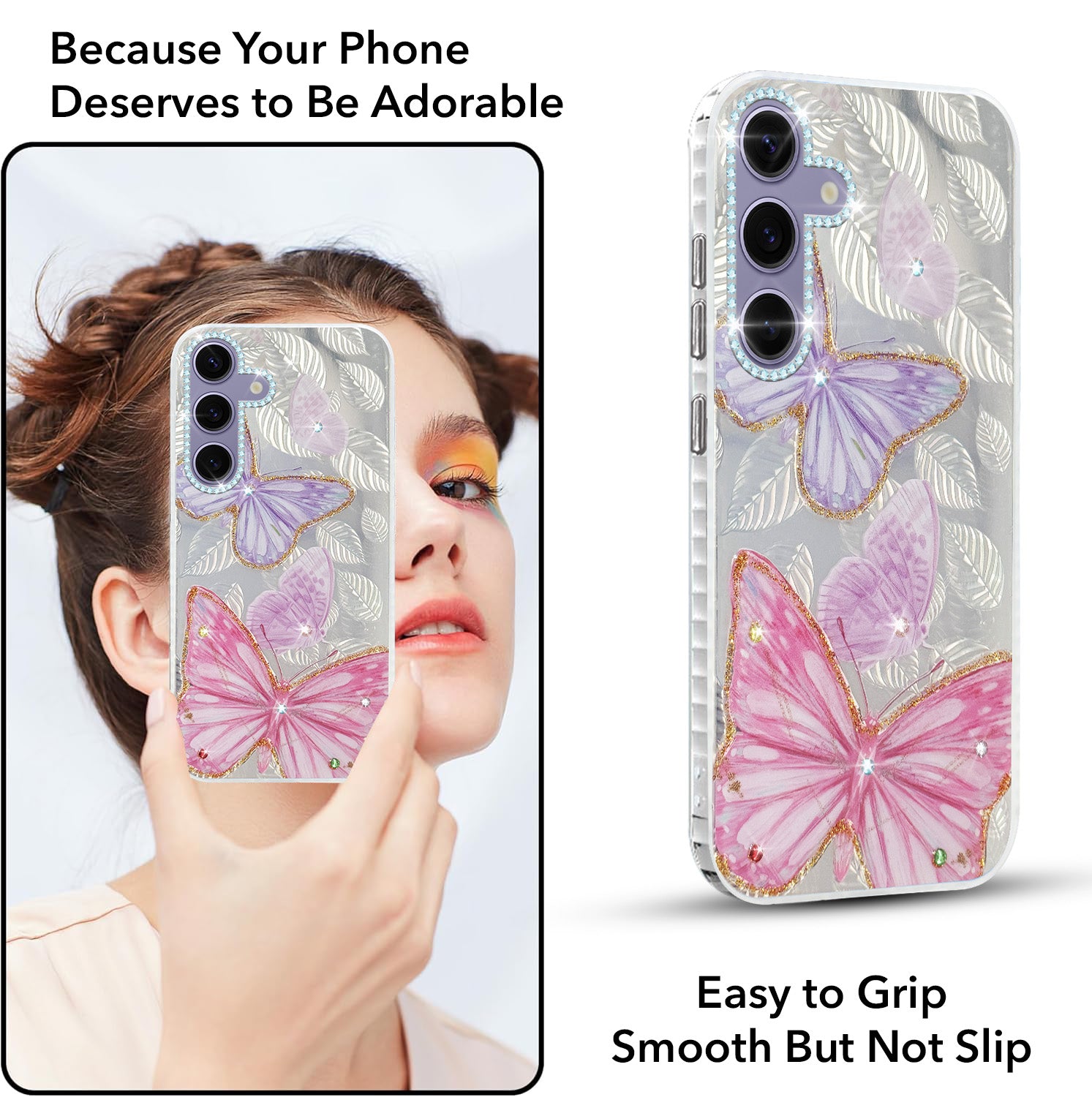 For Samsung Galaxy S24 Back Cover Case (Luxury Floral Glitter Cute Butterfly | Diamond Studded Camera Bump | Girls & Women Design)