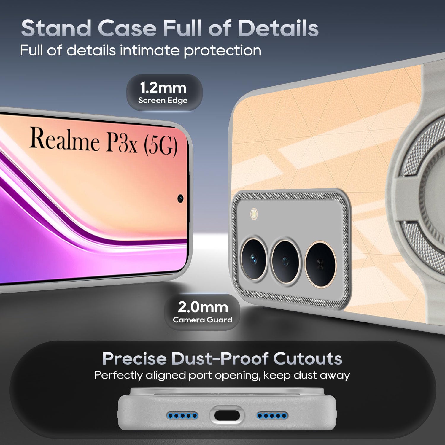 For Realme P3x Back Cover Case with stand (Built-in Ring Holder Kickstand | Lifetime Anti Yellow | Camera Protection)