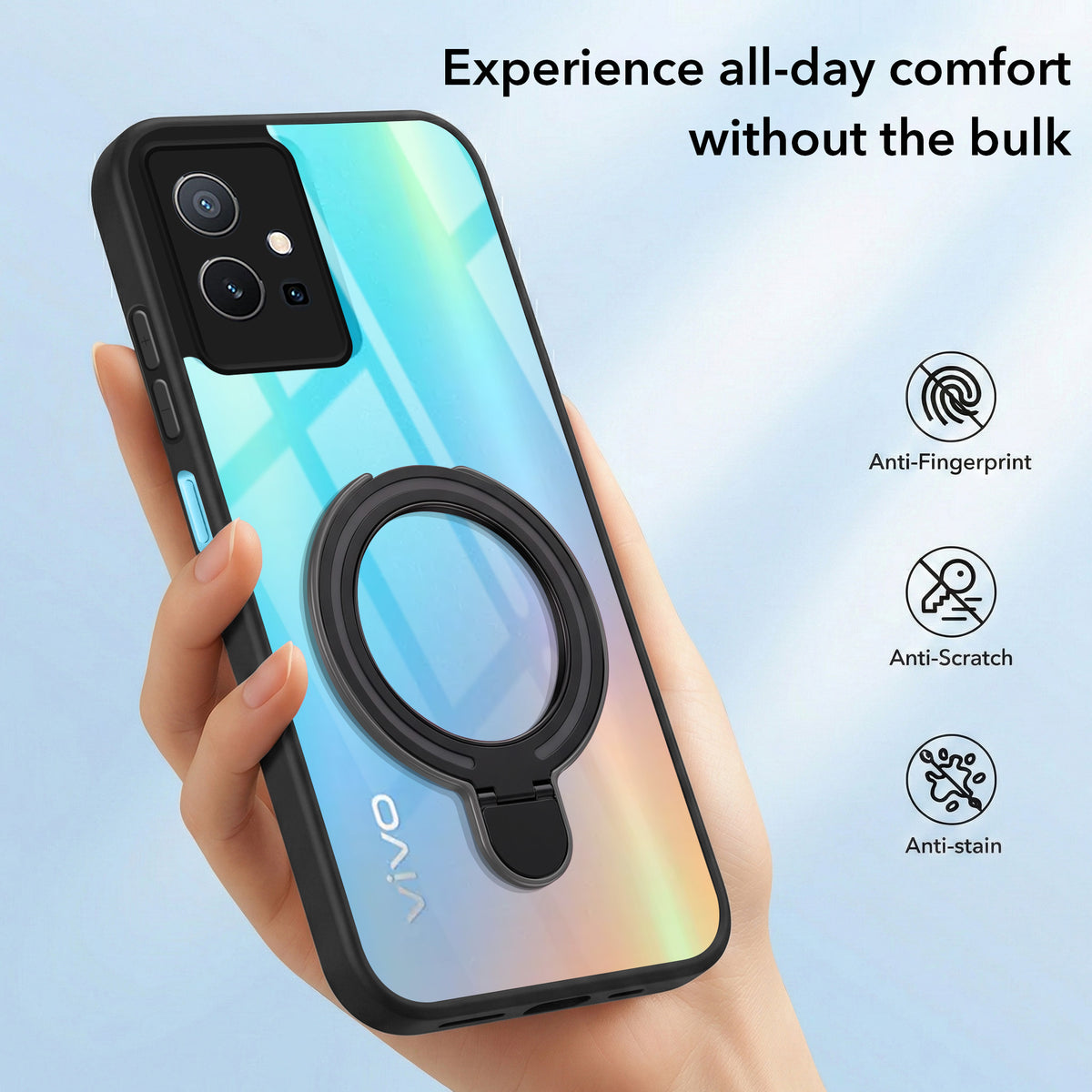 For Vivo T1 5G Back Cover Case (Kick Stand Ring Holder | Life time Anti Yellow | Camera Protection)