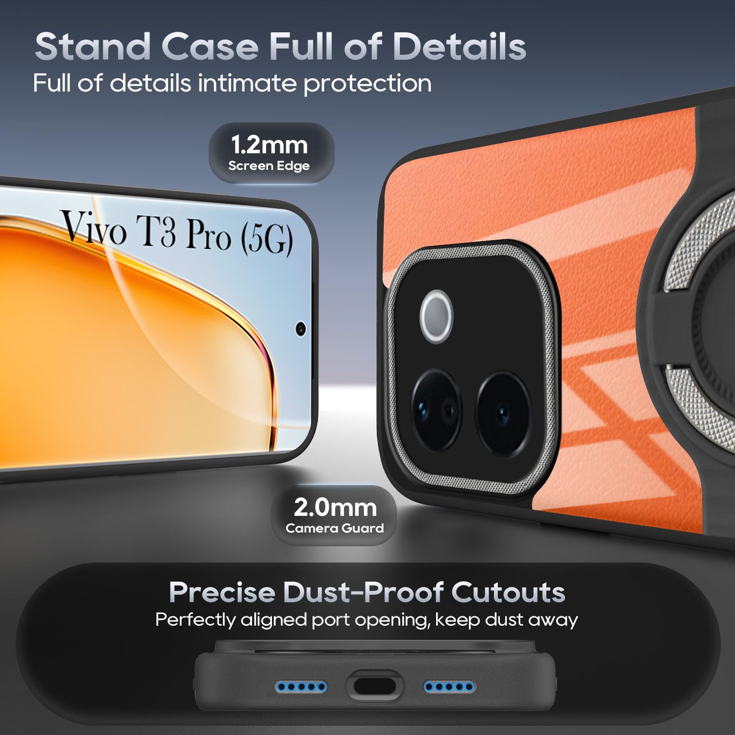 For Vivo T3 Pro Back Cover Case with stand (Built-in Ring Holder Kickstand | Lifetime Anti Yellow | Camera Protection)