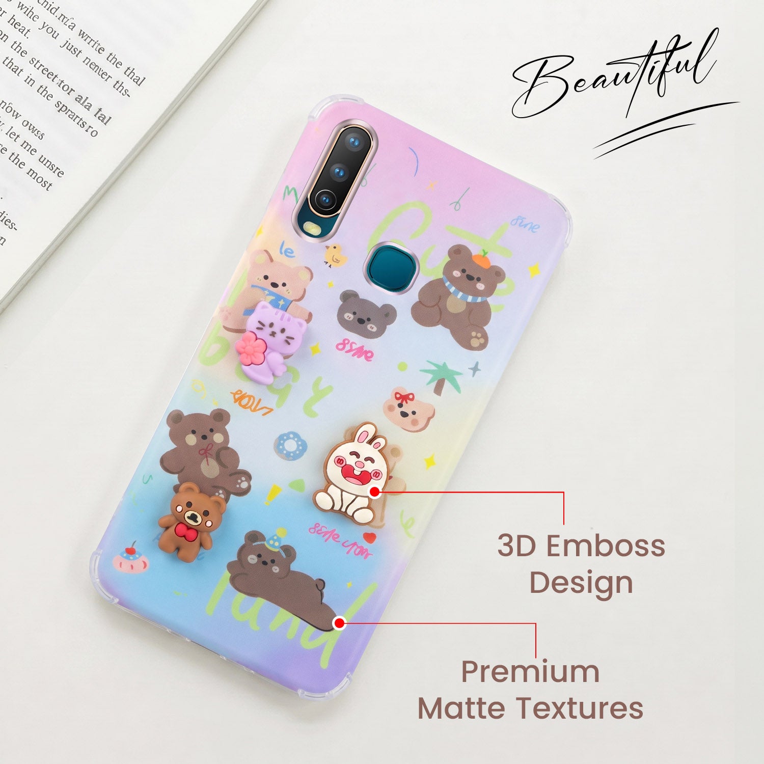 For Vivo U10 Back Cover Case (3D Cute Cartoons | Hard Back Side Soft | Matte Premium Finish | HD Printing)