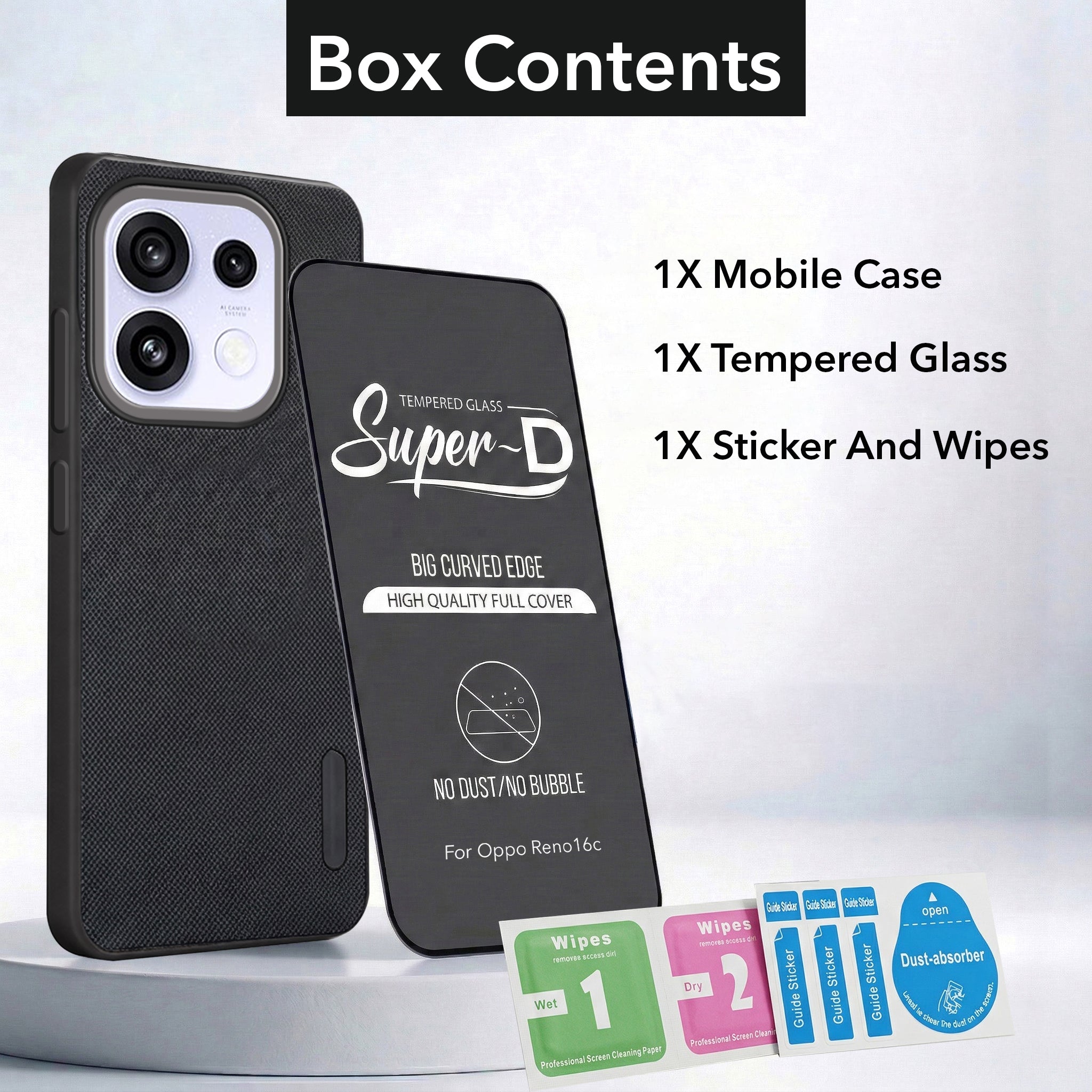 For Oppo Reno 16C 5G Combo with Back Cover and 9H Tempered Glass (Textured Grip Design | Micro-Fiber Cloth Inside | Oleophobic Coating Screen Glass)