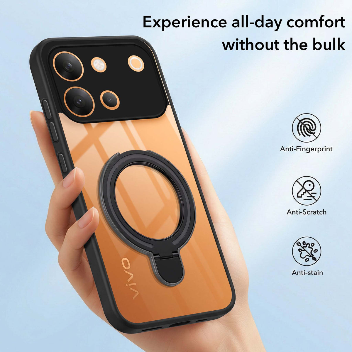 For Vivo V80 5G Back Cover Case (Kick Stand Ring Holder | Life time Anti Yellow | Camera Protection)