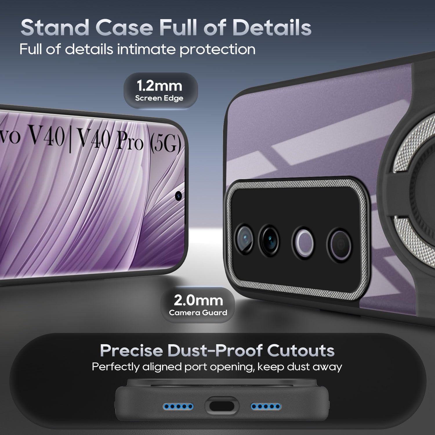 For Vivo V40 | Vivo V40 Pro 5G Back Cover Case with stand (Built-in Ring Holder Kickstand | Lifetime Anti Yellow | Camera Protection)