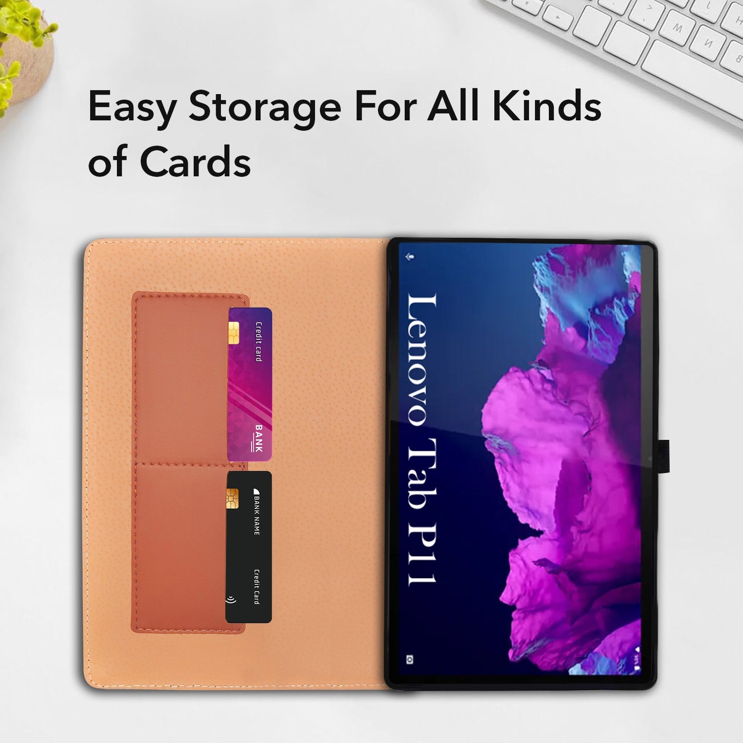 For Lenovo Tab P11 11.5 Inch TB-J606F Flip Cover Folio Cover (PU Matte Leather | Multi-Angle Smart Stand | Card Storage Slots | Silicone Back Pouch)