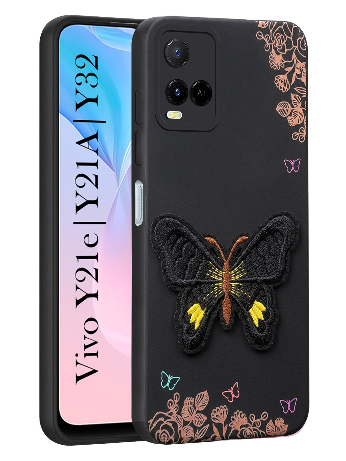 For Vivo Y21e | Vivo Y21A | Vivo Y32 Back Cover Case (Soft Butterfly Embroidery | Women Teen Girls | Camera Protection| Matte Silicone)