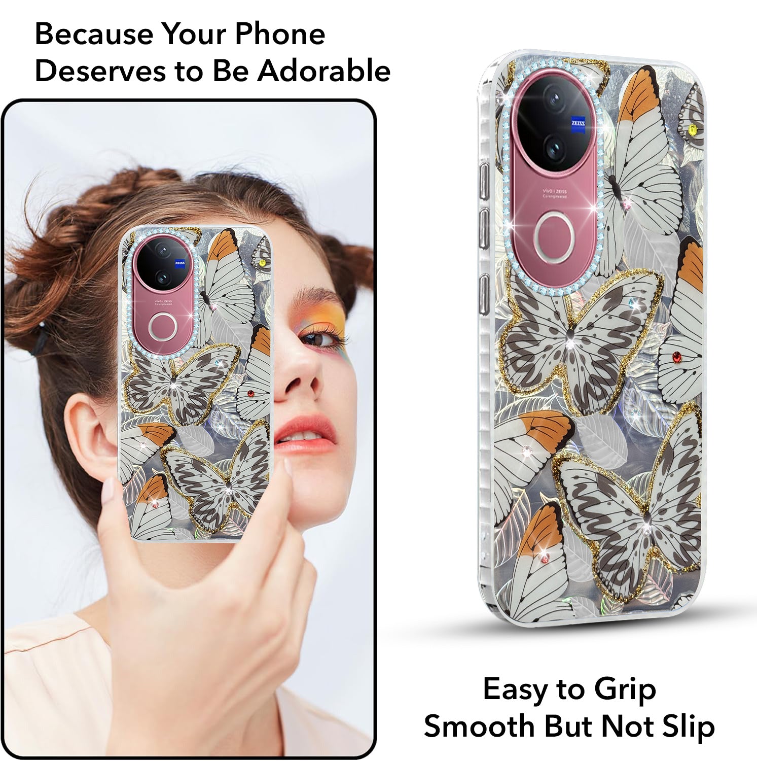 For Vivo V50 | Vivo V50e Back Cover Case (Luxury Floral Glitter Cute Butterfly | Diamond Studded Camera Bump | Girls & Women Design)
