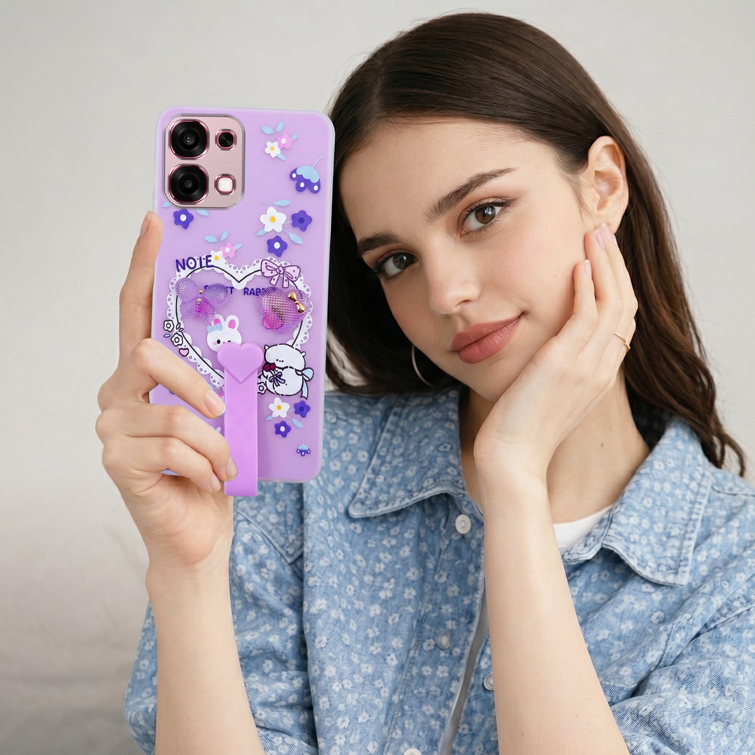 For Oppo F31 5G | Oppo F33 5G Back Cover Case (3D Cute Heart Strap Holder | Camera Protection | Designer Girls Print)