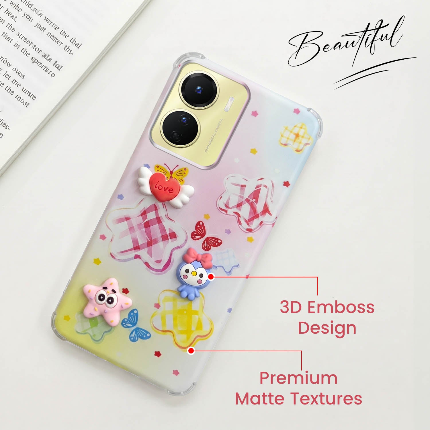 For Vivo Y16 Back Cover Case (3D Cute Cartoons | Hard Back Side Soft | Matte Premium Finish | HD Printing)