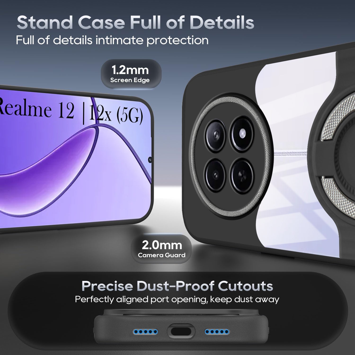 For Realme 12 | Realme 12X Back Cover Case with stand (Built-in Ring Holder Kickstand | Lifetime Anti Yellow | Camera Protection)